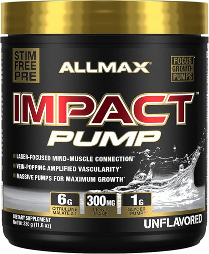 ALLMAX Impact Pump, Unflavored - 330 g - Stim-Free Pre-Workout Formula - Boosts Pumps & Mind-Muscle Connection - with Citrulline Malate & Lion’s Mane - Up to 30 Servings