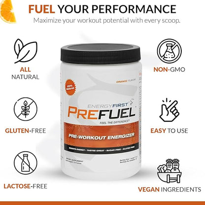 EnergyFirst Prefuel Vegan Pre-Workout Powder | Zero Sugar, All-Natural Energizer with Immune Support | Orange Flavor, 30 Servings for Maximum Workout Performance