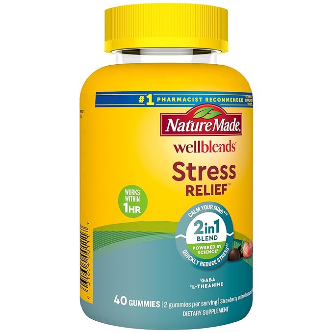 Nature Made Wellblends Stress Relief Gummies, L theanine 200mg to Help Reduce Stress, with GABA 100mg, Same Day Stress Support, 40 Strawberry Flavor Gummies