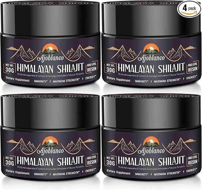 Ajoblanco 600mg Shilajit Pure Himalayan Organic Shilajit Resin - Himalayan Shilajit Resin with Organic Ayurvedic Blend in High Potency for Energy, Strength & Immunity, Pack of 4