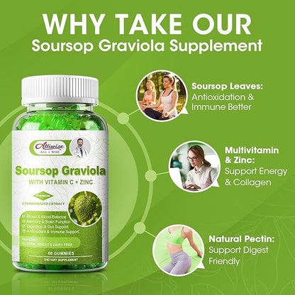 2000mg Natural Soursop Graviola Gummies Supplement, Original Soursop Leaves Extract with Vitamins C & Zinc for Women & Men, Multivitamin Soursop Fruit Supplement for Immunity & Antioxidant & Energy