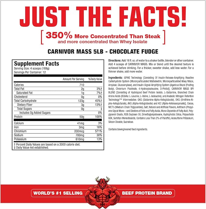 MuscleMeds CARNIVOR Mass Gainer Beef Protein Isolate Shake, 50 Grams Protein, 125 Grams Carbs, 0 Fat, 0 Sugar, Lactose Free, Chocolate Fudge, 5 Pound