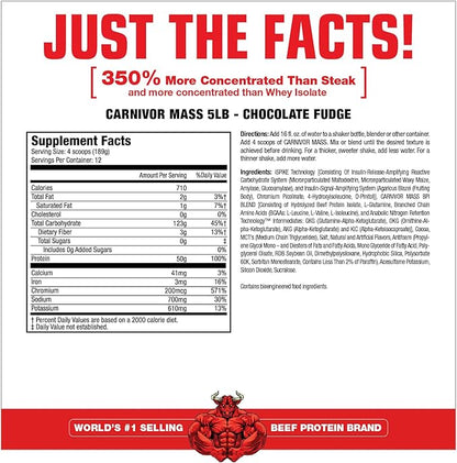 MuscleMeds CARNIVOR Mass Gainer Beef Protein Isolate Shake, 50 Grams Protein, 125 Grams Carbs, 0 Fat, 0 Sugar, Lactose Free, Chocolate Fudge, 5 Pound