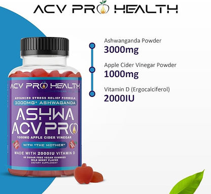 Ashwa ACV Pro Health - Sugar Free Apple Cider Vinegar Gummies, Ashwagandha Gummies, Advanced Keto ACV Gummies, Ashwagandha Supplements with Vitamin D, Stress Relief Supplement,1g Carbs Per Gummy Golo