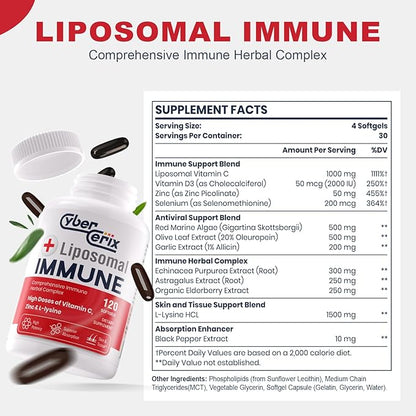 Advanced Liposomal Immune Supplement, Complex with L-Lysine 1,500mg, Vitamins, Minerals & Herbal Extracts, Comprehensive Daily Wellness Blend for Men & Women - 120 Capsules