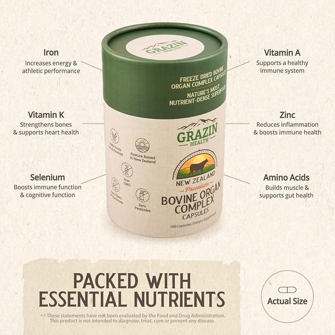Grass Fed Bovine Organ Complex: Liver, Spleen, Kidney, Heart, Pancreas (600 Mg per Organ per Capsule), 3000 Mg per Serving (30 Servings)