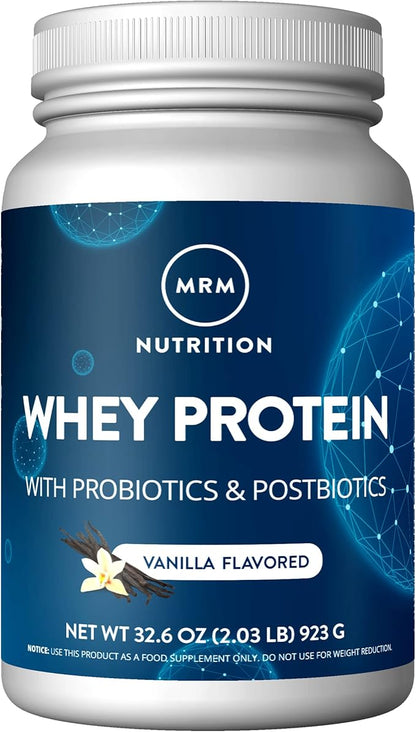 MRM Nutrition Whey Protein | Vanilla Flavored |18g Protein | with 2 Billion probiotics + Digestive enzymes + BCAAs | High Absorption + Digestion | Hormone + antibiotic Free | 33 Servings