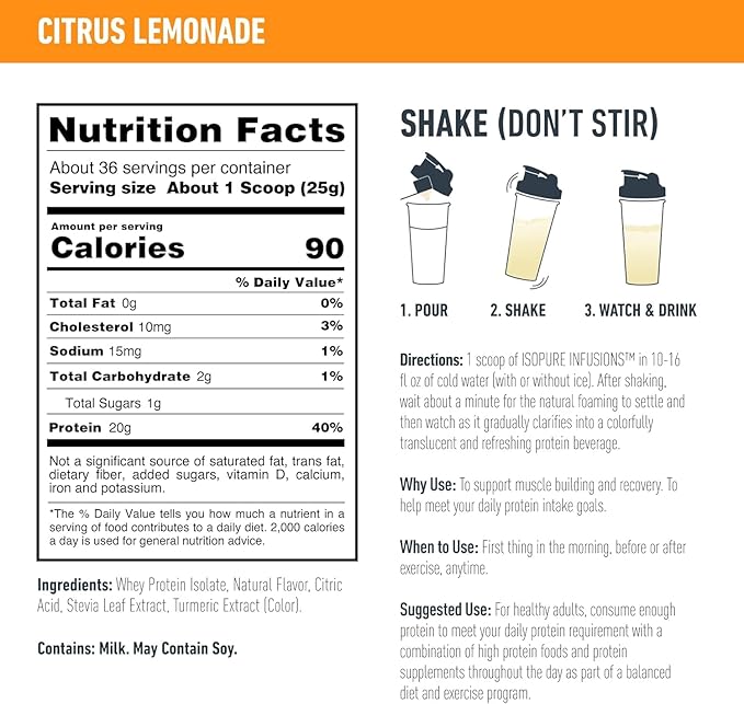 Isopure Protein Powder, Clear Whey Isolate Protein, Post Workout Recovery Drink Mix, Gluten Free with Zero Added Sugar, Infusions- Citrus Lemonade, 36 Servings,2.4 pounds