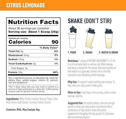 Isopure Protein Powder, Clear Whey Isolate Protein, Post Workout Recovery Drink Mix, Gluten Free with Zero Added Sugar, Infusions- Citrus Lemonade, 36 Servings,2.4 pounds