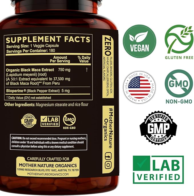 Mother Nature Black Maca Root Capsules – 50:1 37,500mg Peruvian Black Maca Root for Men, Women with Bioperine – Maca Root Capsules to Boost Stamina, Performance, Energy, Muscle Gain – 180-Count
