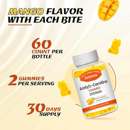 Acetyl L-Carnitine Gummies 2000mg, L-Carnitine Supplement for Promote Fatty Acids Oxidation, Nutrition Supplement for Boost Energy, Immunity & Metabolism, Vegan, Mango Flavor, 60 Count