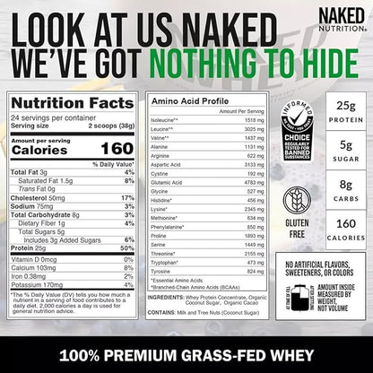 Naked Whey Chocolate Protein Powder - Only 3 Ingredients - Grass Fed Whey Protein Powder, Organic Chocolate and Organic Coconut Sugar, No GMO, No Soy, and Gluten Free - 24 Servings
