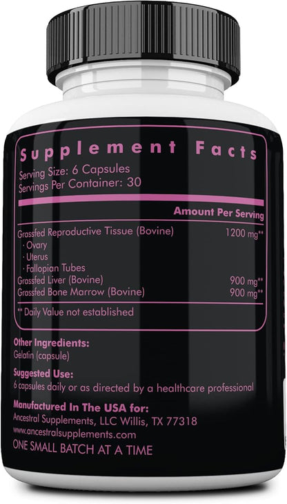 Ancestral Supplements Grass Fed FEM Liver Supplement for Women with Collagen, CoQ10, Vitamin B12, Joint Support Bone Marrow Capsules for Energy, Immunity, Pasture Raised, NonGMO, 500mg Each, 180 Count