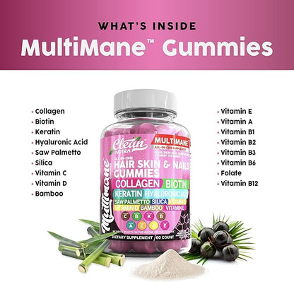 Biotin Collagen Keratin Gummies | Hair Skin and Nails Vitamins for Women | Hyaluronic Acid Bamboo Vitamin A C D3 E Folate With Saw Palmetto Silica B3 B12 Vegan Gummy By Clean Nutra