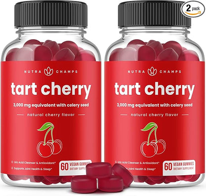 NutraChamps Tart Cherry Gummies - 3000mg Tart Cherry Extract with Celery Seed - Uric Acid Cleanse Supplement - Antioxidant, Joint Comfort, Flexibility, Immune Health, Sleep - 60 Vegan Gummies (2-Pack)