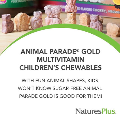 Natures Plus Animal Parade Gold Children's Chewable Multivitamin - Natural Cherry Flavor - 60 Animal Shaped-Tablets - with Vitamin D3, K2 & Probiotics - Vegetarian & Gluten Free - 120 Servings