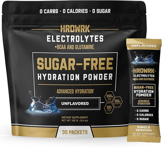 HRDWRK Electrolytes Powder Packets with Magnesium, Potassium Sodium, Keto Hydration Packets - BCAA Electrolyte Powder Packets with Glutamine, 30 Electrolytes Powder Packets Sugar Free (Unflavored)