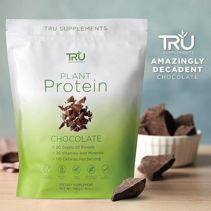 TRU Plant Based Protein Powder, BCAA, EAA, 20g Vegan Protein, 100 Calories, 27 Vitamins, No Artificial Flavors 25 Servings (Natural Chocolate Cream)