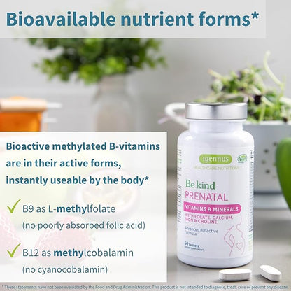 Methylated Prenatal Multivitamin, Folate for MTHFR, High Absorption, Clean Label, Gentle Iron, Choline, Natural Calcium & Magnesium, Vegan Pregnancy Vitamins, Halal, Non-GMO, 60 Tablets, by Igennus