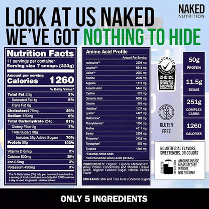 Vanilla Naked Mass - All Natural Vanilla Weight Gainer Protein Powder - 8lb Bulk, GMO Free, Gluten Free & Soy Free, No Artificial Ingredients - 1,260 Calories - 11 Servings