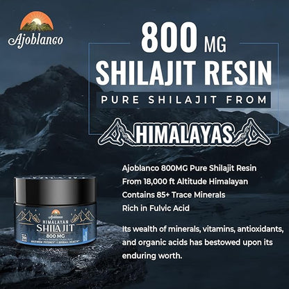 Ajoblanco 800 Mg Himalayan Shilajit Resin, Shilajit Pure Himalayan Organic, Shilajit Supplement with Purity, High Dosage & Potency for Energy, Strength & Immunity, Men & Women, 30 Grams