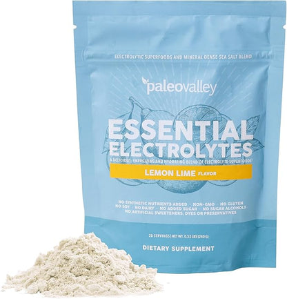 Paleovalley Essential Electrolytes Powder - Full Spectrum Lemon Lime Electrolyte Powder for Hydration, Energy and Muscle Recovery - No Sugar Added - 28 Servings