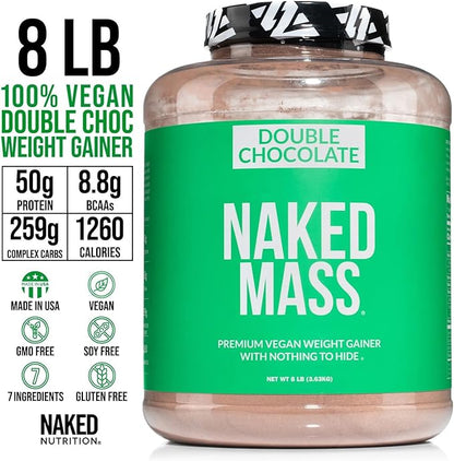 Double Chocolate Vegan Naked Mass - 1,260 Calories, 50G Protein, Nothing Artificial, All Natural Chocolate Weight Gainer Protein Powder - 8Lb Bulk, GMO Free, Gluten Free & Soy Free