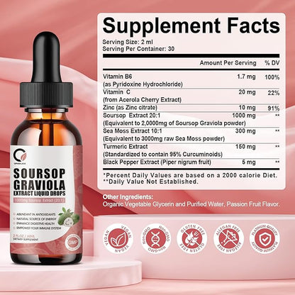 Soursop Graviola Liquid Drops - 1000 mg Soursop Extract Plus 300 mg Sea Moss, Soursop Bitters Liquid for Cell Regeneration, Immune Boost, Relax, Antioxidant, Energy - 2 Fl Oz