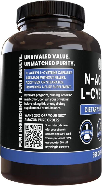 PURE ORIGINAL INGREDIENTS N-Acetyl L-Cysteine (365 Capsules) No Magnesium Or Rice Fillers, Always Pure, Lab Verified