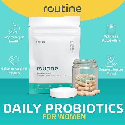 Routine Women's Daily Probiotics for Digestive and Feminine Health - 24 Billion CFU 30 Capsules - Dairy Free Organic Probiotics for Women - Free Glass Jar
