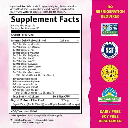 30 Capsules Once Daily Dr. Formulated Probiotics for Women 50 Billion CFU 16 Probiotic Strains with Organic Prebiotics for Digestive, Vaginal & Immune Health, Dairy Free. 1 Pack