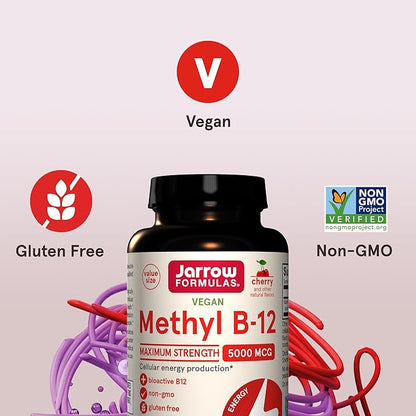 Jarrow Formulas Maximum Strength Methyl B-12 5000 mcg - Dietary Supplement - 90 Cherry Flavored Chewable Tablets - Bioactive Vitamin B-12 - Supports Cellular Energy Production, Sleep & Brain Health
