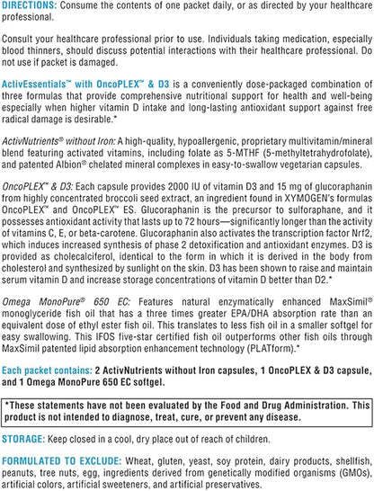 XYMOGEN ActivEssentials with OncoPLEX & D3 - Daily Dose Pack Nutrition with 3 Supplements - ActivNutrients Multivitamin Without Iron, 2000 IU Vitamin D3 & Glucoraphanin, Omega-3 Fish Oil (60 Packets)