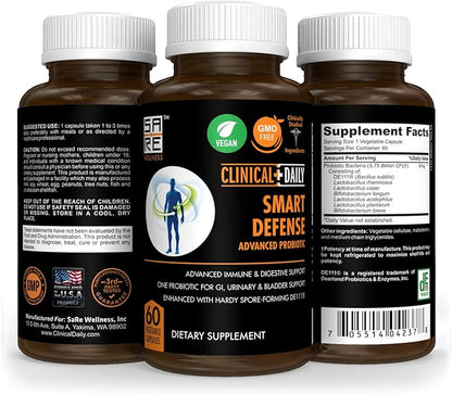 CLINICAL DAILY Smart Defense Mega Spore Probiotic. Bacillus Subtilis Spore Based Probiotics For Women and Men With Lactobacillus Plantarum Good Flora Natural Slim Microbiome Support. 60 Vegan Capsules