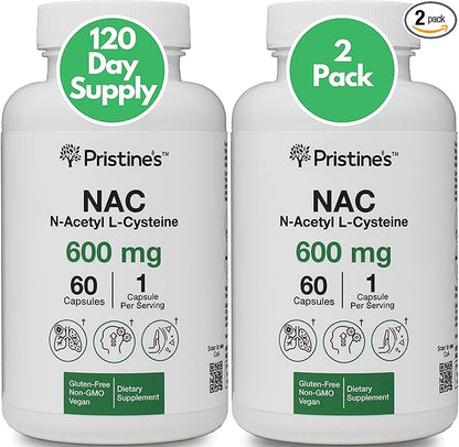 PRISTINE'S N-Acetyl L-Cysteine (NAC) 600MG (2 Pack) Immunity Support Supplement - 120-Day Supply - Potent Lung & Liver Antioxidant Supplement Capsules - Mood Support - Vegan, Glutern Free, Non GMO