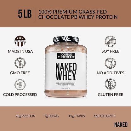 Naked Whey Double Chocolate Grass Fed Whey Protein Powder, No GMO, No Soy, and Gluten Free. Nothing Artificial, Aid Growth and Recovery - 53 Servings