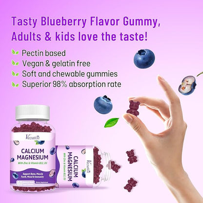 2 Pack Calcium Gummies with Magnesium, Zinc, Vitamin D3 & B12, Calcium Supplements for Women Men, Support Bone, Muscle and Immunity, 120 Vegan Blueberry Flavor Gummies