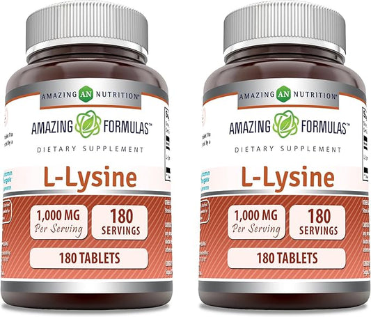Amazing Formulas L-Lysine 1000mg Amino Acid Tablets Supplement | Non-GMO | Gluten Free | Made in USA (180 | 2 Pack)