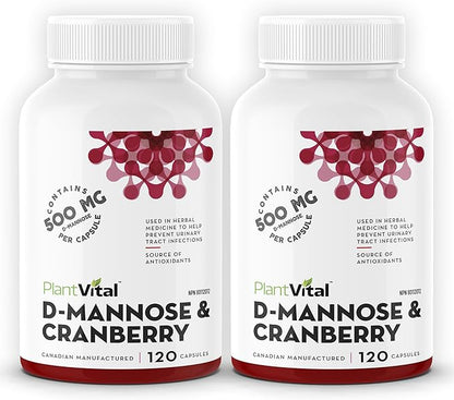 Plantvital D Mannose Capsules with Cranberry - D-mannose 1000mg Capsules - High Potency for Bladder, Kidney and Urinary Tract Support. Cranberry Powder with Hibiscus and Dandelion.4 Months Supply
