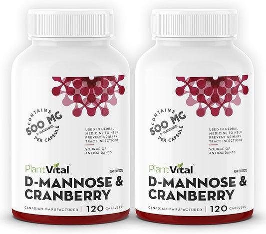 Plantvital D Mannose Capsules with Cranberry - D-mannose 1000mg Capsules - High Potency for Bladder, Kidney and Urinary Tract Support. Cranberry Powder with Hibiscus and Dandelion.4 Months Supply