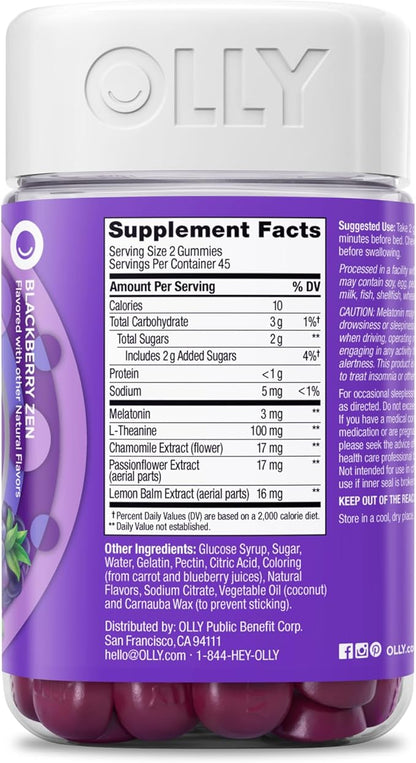 OLLY Sleep Gummy, 3mg Melatonin, L-Theanine, Chamomile, Lemon Balm, Sleep Aid, Occasional Sleep Support, BlackBerry, 90 Count