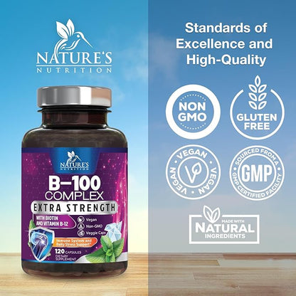 Vitamin B Complex Capsules with Vitamins B1 B2 B3 B6 B12 B100 C Biotin Folate & Folic Acid - Supplement for Energy, Brain, & Immune Support - Super B Vitamin Complex for Women & Men - 120 Vegan Pills