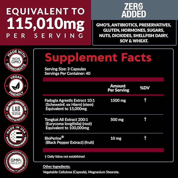 Fadogia Agrestis 15,000mg + Tongkat Ali 100,000mg + BioPerine® [Highest Purity] - Supports Stamina, Strength, Muscle Health & Recovery, Drive & Performance - Non-GMO & Made in USA - 120 capsules