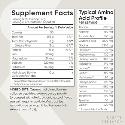 Sports Research Organic Collagen Powder - Hydrolyzed Type I & III Collagen Protein - USDA Organic, Gluten Free, Sustainably Sourced - Dark Chocolate - 30 Servings
