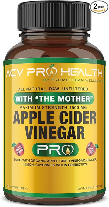 2-Pack ACV Pro Apple Cider Vinegar Capsules Certified Organic with Mother ACV Pills Detox Cleanse Acid Reflux Relief Support Supplement Ginger Root Cayenne Pepper Powder