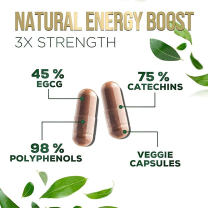 Green Tea Extract Capsules 1000mg 98% Standardized EGCG - 3X Strength for Natural Energy - Heart Support with Polyphenols - Gentle Caffeine - 240 Capsules