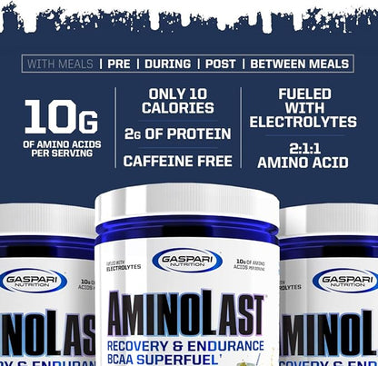 Gaspari Nutrition Aminolast, Recovery and Endurance BCAA Superfuel, 2:1:1 Amino Acid Ratio, Fueled with Electrolytes (30 Servings, Kiwi Strawberry)
