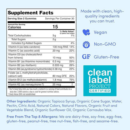 FIRST DAY Kids Daily Multivitamin Gummies – Vitamin A, D3, B6, B12, C, K2 & More to Support Growth, Brain Function, Immunity – Made w/Organic Fruits & Veggies, Only 2g Sugar – 2-Pk, 60 Day Supply