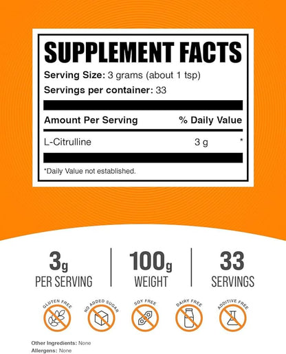 BulkSupplements.com L-Citrulline Powder - Citrulline Supplement, Citrulline Powder - L-Citrulline 3000mg, Unflavored & Gluten Free - 3g per Servings, 100g (3.5 oz) (Pack of 1)