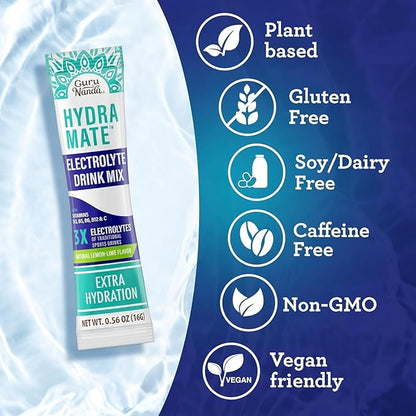 GuruNanda Hydramate Hydration Support Drink Mix - Electrolyte Powder Packets for Dehydration, Exercise & Energy - No Added Sweeteners, Non-GMO, Natural Lemon Lime Flavor - 12 Count (0.56 oz Each)